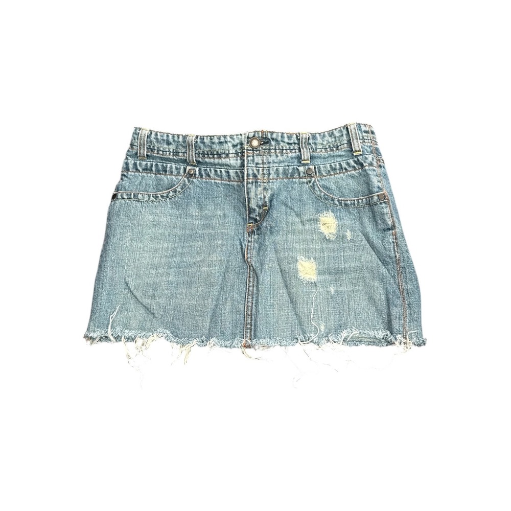 American Eagle Distressed Denim Mini Skirt Light Wash Raw Hem Cinch Back Size 6